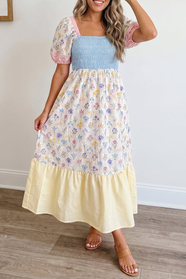 Multicolour Floral Print Striped Color Block Patchwork Square Neck Shirred Long Dress